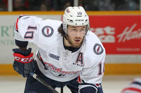 PETERBOROUGH, ON – MARCH 28: Anthony Salinitri #10 of the Oshawa Generals waits for a puck drop against the Peterborough Petes during Game Four of the Eastern Conference OHL QuarterFinals at the Peterborough Memorial Centre on March 28, 2019 in Peterborough, Ontario, Canada. The Generals defeated the Petes 5-2 to take a 3-1 series lead. (Photo by Claus Andersen/Getty Images)