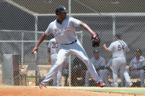 22 JUL 2016: Edward Cabrera of the Marlins during the Gulf Coast League game between the GCL Marlins and the GCL Astros at the Osceola County Stadium complex in Kissimmee, Florida. (Photo by Cliff Welch/Icon Sportswire via Getty Images)