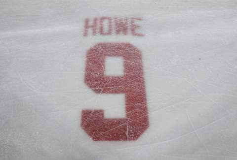 Nov 26, 2016; Detroit, MI, USA; The retired number of former player Gordie Howe is embedded in the ice behind the nets prior to the start of the Detroit Red Wings game against the Montreal Canadiens at Joe Louis Arena. Mandatory Credit: Tom Szczerbowski-USA TODAY Sports