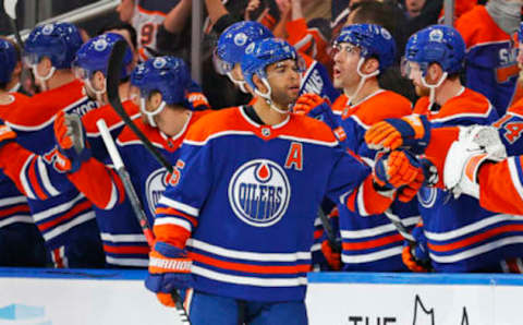 Apr 1, 2023; Edmonton, Alberta, CAN; Edmonton Oilers defensemen Darnell Nurse (25) celebrates after scoring a goal during the second period against the Anaheim Ducks at Rogers Place. Mandatory Credit: Perry Nelson-USA TODAY Sports