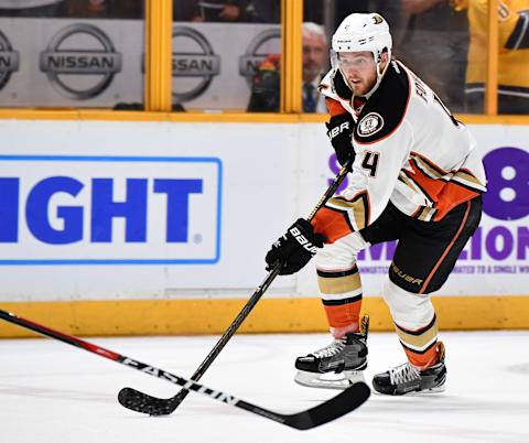 May 18, 2017; Nashville, TN, USA; Anaheim Ducks defenseman Cam Fowler (4) skates with the puck against the Nashville Predators in game four of the Western Conference Final of the 2017 Stanley Cup Playoffs at Bridgestone Arena. Mandatory Credit: Christopher Hanewinckel-USA TODAY Sports