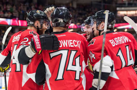 Apr 8, 2017; Ottawa, Ontario, CAN; The Ottawa Senators celebrate a goal by center Derick Brassard (19) in the second period against the New York Rangers at the Canadian Tire Centre. Mandatory Credit: Marc DesRosiers-USA TODAY Sports