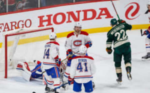 Jan 12, 2017; Saint Paul, MN, USA; Minnesota Wild forward Nino Niederreiter (22) celebrates his goal in the third period against the Montreal Canadiens goalie Carey Price (31) at Xcel Energy Center. The Minnesota Wild beat the Montreal Canadiens 7-1. Mandatory Credit: Brad Rempel-USA TODAY Sports