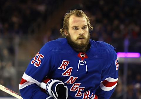 NEW YORK, NEW YORK – APRIL 10: Ryan Lindgren #55 of the New York Rangers skates against the Buffalo Sabres at Madison Square Garden on April 10, 2023 in New York City. The Sabres defeated the Rangers 3-2 in the shootout. (Photo by Bruce Bennett/Getty Images)