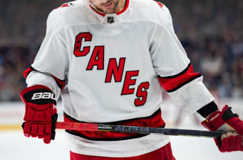 COLUMBUS, OH – OCTOBER 24: Sebastian Aho #20 of the Carolina Hurricanes skates the ice during game action between the Carolina Hurricanes and the Columbus Blue Jackets on October 24, 2019, at Nationwide Arena in Columbus, OH. (Photo by Adam Lacy/Icon Sportswire via Getty Images)