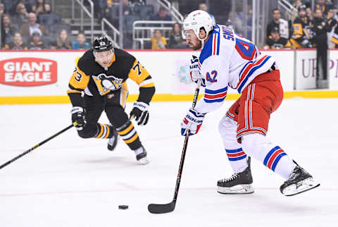 PITTSBURGH, PA – APRIL 06: New York Rangers Left Wing Brendan Smith (42) shoots the puck and scores a goal during the first period in the NHL game between the Pittsburgh Penguins and the New York Rangers on April 6, 2019, at PPG Paints Arena in Pittsburgh, PA. (Photo by Jeanine Leech/Icon Sportswire via Getty Images)