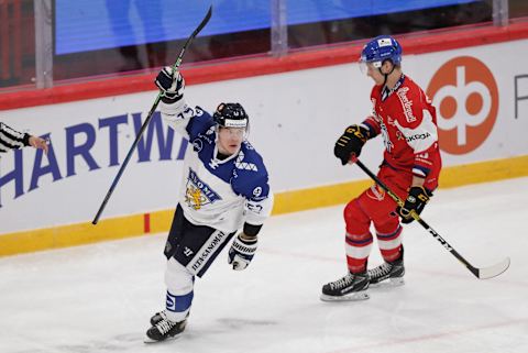 Finland’s Petrus Palmu (L) celebrates his team’s first goal during the Beijer Hockey Games (Euro Hockey Tour) ice hockey match between Finland and Czech Republic in Stockholm, Sweden on May 7, 2022. – – Sweden OUT (Photo by Christine OLSSON / TT NEWS AGENCY / AFP) / Sweden OUT (Photo by CHRISTINE OLSSON/TT NEWS AGENCY/AFP via Getty Images)