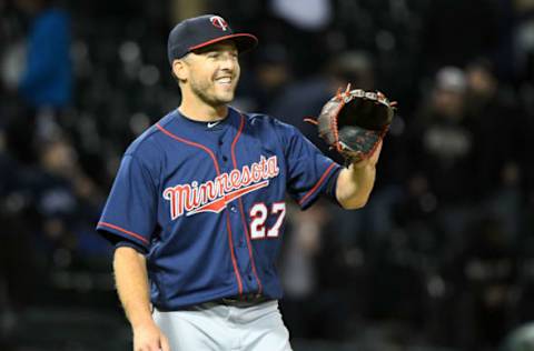 Apr 7, 2017; Chicago, IL, USA; Minnesota Twins relief pitcher Brandon Kintzler (27) reacts after the final out against the Chicago White Sox after the ninth inning at Guaranteed Rate Field. Minnesota defeats Chicago 3-1. Mandatory Credit: Mike DiNovo-USA TODAY Sports