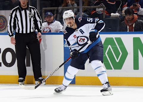 ELMONT, NEW YORK – FEBRUARY 22: Mark Scheifele #55 of the Winnipeg Jets skates against the New York Islanders at the UBS Arena on February 22, 2023 in Elmont, New York. (Photo by Bruce Bennett/Getty Images)