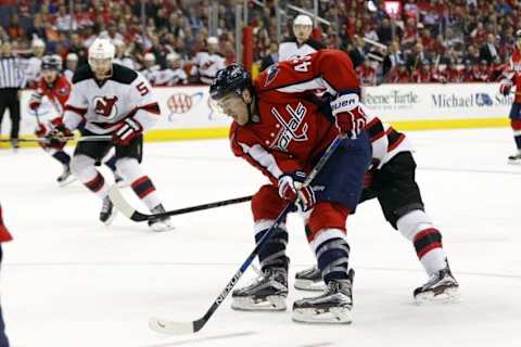 Feb 20, 2016; Washington, DC, USA; Washington Capitals right wing Tom Wilson (43) skates with the puck against the New Jersey Devils in the third period at Verizon Center. The Capitals won 4-3. Mandatory Credit: Geoff Burke-USA TODAY Sports