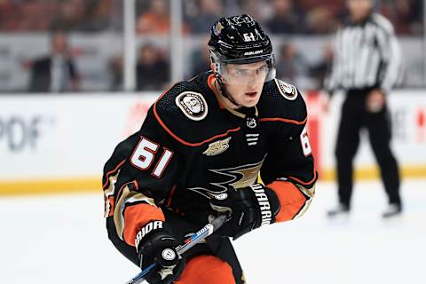 ANAHEIM, CA – SEPTEMBER 24: Troy Terry #61 of the Anaheim Ducks looks on during the first period of an NHL preseason game against the Arizona Coyotes at Honda Center on September 24, 2018 in Anaheim, California. (Photo by Sean M. Haffey/Getty Images)