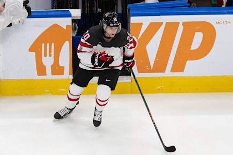 Dawson Mercer #20 of Canada. (Photo by Codie McLachlan/Getty Images)