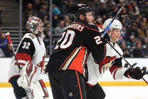 ANAHEIM, CALIFORNIA – JANUARY 29: Nicolas Deslauriers #20 of the Anaheim Ducks pushes Jakob Chychrun #6 of the Arizona Coyotes (Photo by Sean M. Haffey/Getty Images)