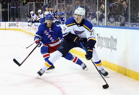 NEW YORK, NEW YORK – MARCH 02: Niko Mikkola #77 of the St. Louis Blues skates against the New York Rangers at Madison Square Garden on March 02, 2022 in New York City. (Photo by Bruce Bennett/Getty Images)