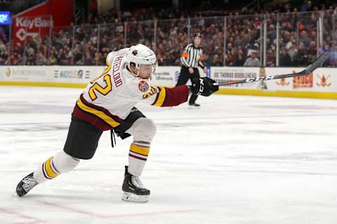 CLEVELAND, OH – JANUARY 26: Chicago Wolves defenceman Zach Whitecloud (32) shoots during the third period of the American Hockey League game between the Chicago Wolves and Cleveland Monsters on January 26, 2019, at Quicken Loans Arena in Cleveland, OH. (Photo by Frank Jansky/Icon Sportswire via Getty Images)