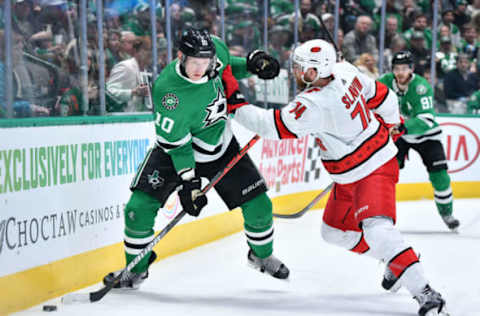 DALLAS, TX – FEBRUARY 11: Corey Perry #10 of the Dallas Stars battles for position against Jaccob Slavin #74 of the Carolina Hurricanes at the American Airlines Center on February 11, 2020 in Dallas, Texas. (Photo by Glenn James/NHLI via Getty Images)