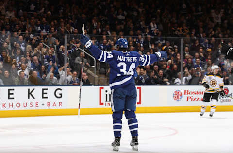 Auston Matthews #34 of the Toronto Maple Leafs celebrates his goal. (Photo by Bruce Bennett/Getty Images)