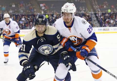 Dec 12, 2015; Columbus, OH, USA; Columbus Blue Jackets defenseman Fedor Tyutin (51) skates against New York Islanders center Brock Nelson (29) in the first period at Nationwide Arena. Mandatory Credit: Aaron Doster-USA TODAY Sports