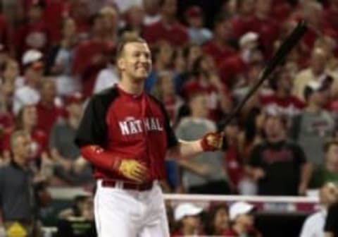 Jul 13, 2015; Cincinnati, OH, USA; National League third baseman Todd Frazier (21) of the Cincinnati Reds reacts during the 2015 Home Run Derby the day before the MLB All Star Game at Great American Ballpark. Mandatory Credit: David Kohl-USA TODAY Sports