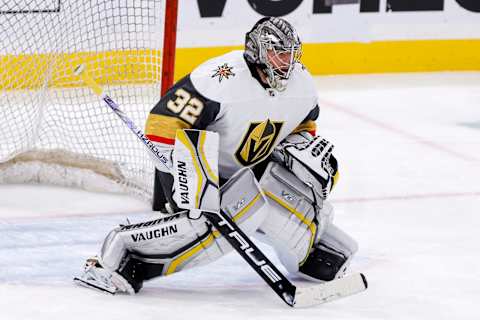 Mar. 7, 2023; Sunrise, Florida, USA; Vegas Golden Knights goaltender Jonathan Quick (32) warms up before the game against the Florida Panthers at FLA Live Arena. Mandatory Credit: Sam Navarro-USA TODAY Sports