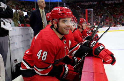 RALEIGH, NC – NOVEMBER 21: Jordan Martinook #48 of the Carolina Hurricanes watches action on the ice from the bench during an NHL game against the Philadelphia Flyers on November 21, 2019 at PNC Arena in Raleigh, North Carolina. (Photo by Gregg Forwerck/NHLI via Getty Images)