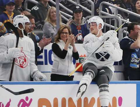 ST LOUIS, MISSOURI – JANUARY 25: Actress Jenna Fischer works the bench in the game between Atlantic Division v Pacific Division during the 2020 Honda NHL All-Star Game at Enterprise Center on January 25, 2020 in St Louis, Missouri. (Photo by Bruce Bennett/Getty Images)