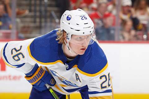 SUNRISE, FL – FEBRUARY 24: Rasmus Dahlin #26 of the Buffalo Sabres prepares for a face-off against the Florida Panthers at the FLA Live Arena on February 24, 2023 in Sunrise, Florida. (Photo by Joel Auerbach/Getty Images)