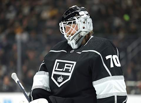 LOS ANGELES, CALIFORNIA – MARCH 04: Joonas Korpisalo #70 of the Los Angeles Kings in goal in his Kings debut against the St. Louis Blues during the first period at Crypto.com Arena on March 04, 2023, in Los Angeles, California. (Photo by Harry How/Getty Images)