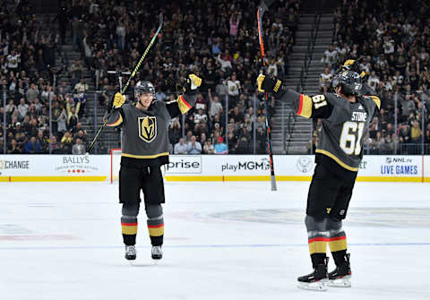 LAS VEGAS, NEVADA – OCTOBER 17: Nick Holden #22 of the Vegas Golden Knights celebrates with teammates after scoring a goal during the first period against the Ottawa Senators at T-Mobile Arena on October 17, 2019 in Las Vegas, Nevada. (Photo by Jeff Bottari/NHLI via Getty Images)