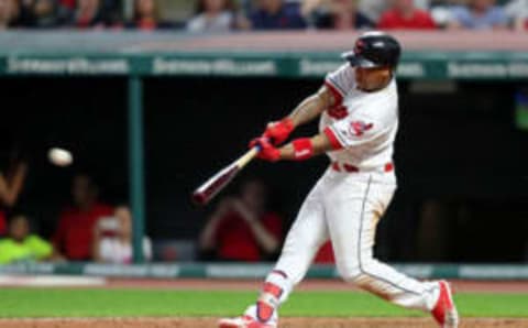 CLEVELAND, OH – JUNE 15: Cleveland Indians third baseman Jose Ramirez (11) singles to right field during the eighth inning of the Major League Baseball game between the Minnesota Twins and Cleveland Indians on June 15, 2018, at Progressive Field in Cleveland, OH. Ramirez was out on the play thing to stretch a single into a double. (Photo by Frank Jansky/Icon Sportswire via Getty Images)