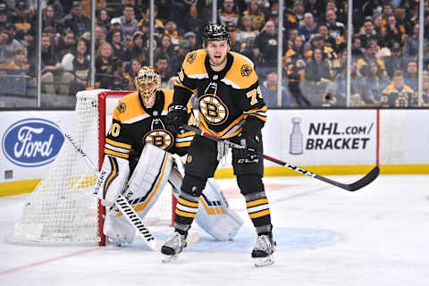 BOSTON, MA – APRIL 06: Boston Bruins Defenceman Jeremy Lauzon (79) helps Boston Bruins Goalie Tuukka Rask (40) protect the front of the net. During the Boston Bruins game against the Tampa Bay Lightning on April 06, 2019 at TD Garden in Boston, MA. (Photo by Michael Tureski/Icon Sportswire via Getty Images)