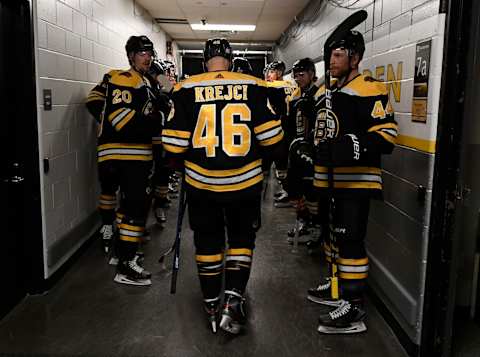 BOSTON, MA – NOVEMBER 23: David Krejci #46 of the Boston Bruins walks to the ice before the game against the Minnesota Wild at the TD Garden on November 23, 2019 in Boston, Massachusetts. (Photo by Brian Babineau/NHLI via Getty Images)