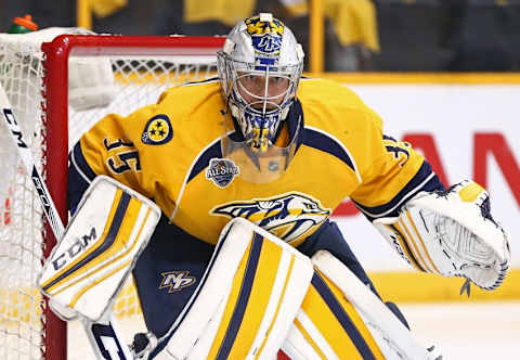 May 9, 2016; Nashville, TN, USA; Nashville Predators goalie Pekka Rinne (35) looks on in net against the San Jose Sharks during the second period in game six of the second round of the 2016 Stanley Cup Playoffs at Bridgestone Arena. Mandatory Credit: Aaron Doster-USA TODAY Sports