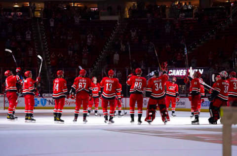 Apr 17, 2021; Raleigh, North Carolina, USA; Carolina Hurricanes players celebrate there win against the Nashville Predators at PNC Arena. Mandatory Credit: James Guillory-USA TODAY Sports