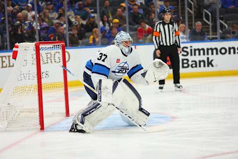 ST LOUIS, MO – DECEMBER 08: Connor Hellebuyck #37 of the Winnipeg Jets in goal against the St. Louis Blues at Enterprise Center on December 8, 2022 in St Louis, Missouri. (Photo by Dilip Vishwanat/Getty Images)