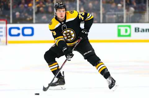 BOSTON, MA – FEBRUARY 04: Charlie McAvoy #73 of the Boston Bruins skates with the puck during a game against the Vancouver Canucks at TD Garden on February 4, 2020 in Boston, Massachusetts. (Photo by Adam Glanzman/Getty Images)