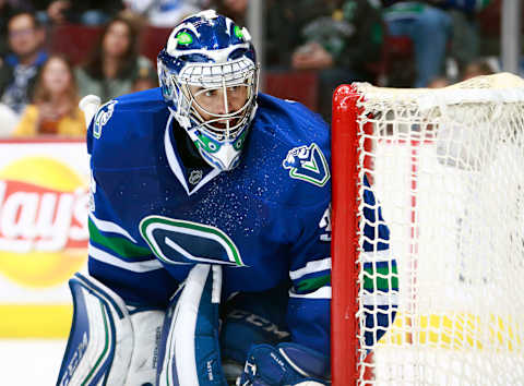 VANCOUVER, BC – APRIL 8: Ryan Miller #30 of the Vancouver Canucks looks on from his crease during their NHL game against the Edmonton Oilers at Rogers Arena April 8, 2017 in Vancouver, British Columbia, Canada. (Photo by Jeff Vinnick/NHLI via Getty Images)”n