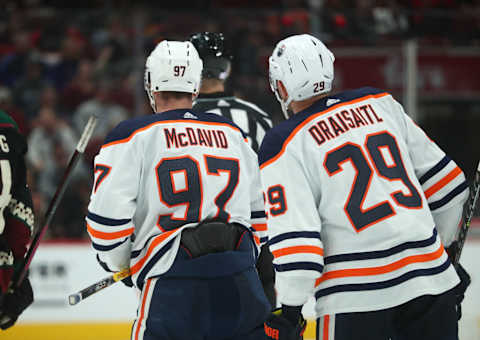 Nov 24, 2021; Glendale, Arizona, USA; Detailed view of the jersey of Edmonton Oilers center Leon Draisaitl (29) and center Connor McDavid (97) against the Arizona Coyotes at Gila River Arena. Mandatory Credit: Mark J. Rebilas-USA TODAY Sports