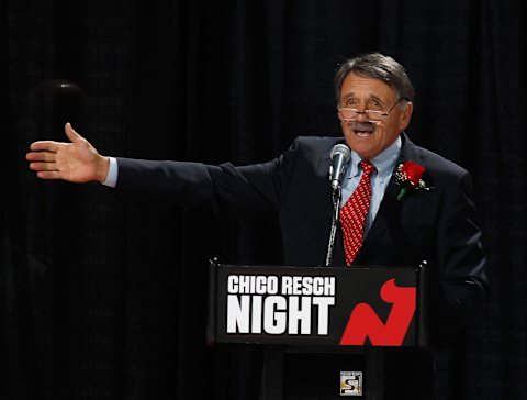 Glenn ‘Chico’ Resch is honored by the New Jersey Devils. (Photo by Bruce Bennett/Getty Images)