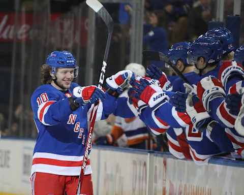 NEW YORK, NEW YORK – JANUARY 13: Artemi Panarin #10 of the New York Rangers celebrates his second goal of the game against the New York Islanders at Madison Square Garden on January 13, 2020 in New York City. The Rangers defeated the Islanders 6-2. (Photo by Bruce Bennett/Getty Images)