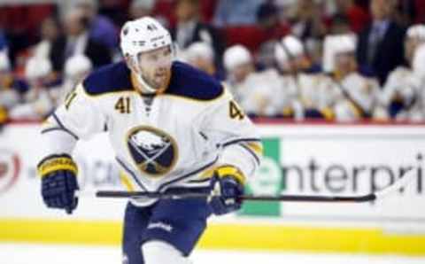 Oct 3, 2014; Raleigh, NC, USA; Buffalo Sabres defensemen Andrej Meszaros (41) skates against the Carolina Hurricanes at PNC Arena. The Carolina Hurricanes defeated the Buffalo Sabres 5-1. Mandatory Credit: James Guillory-USA TODAY Sports