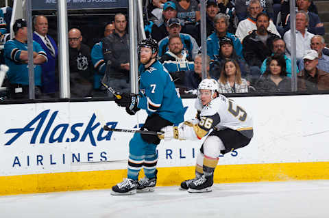 SAN JOSE, CA – APRIL 30: Paul Martin #7 of the San Jose Sharks skates against Erik Haula #56 of the Vegas Golden Knights in Game Three of the Western Conference Second Round during the 2018 NHL Stanley Cup Playoffs at SAP Center on April 30, 2018 in San Jose, California. (Photo by Rocky W. Widner/NHL/Getty Images) *** Local Caption *** Paul Martin; Erik Haula