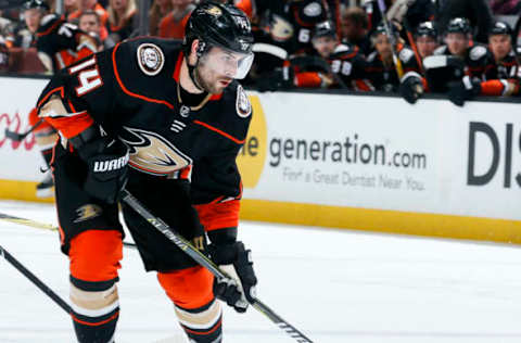 ANAHEIM, CA – APRIL 06: Adam Henrique #14 of the Anaheim Ducks skates with the puck. (Photo by Debora Robinson/NHLI via Getty Images)