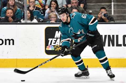 SAN JOSE, CA – MARCH 30: Kevin Labanc #62 of the San Jose Sharks skates with the puck against the Vegas Golden Knights at SAP Center on March 30, 2019 in San Jose, California (Photo by Brandon Magnus/NHLI via Getty Images)