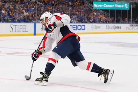 ST LOUIS, MO – OCTOBER 02: Alex Ovechkin #8 of the Washington Capitals shoots the puck against the St. Louis Blues at Enterprise Center on October 2, 2019 in St Louis, Missouri. (Photo by Dilip Vishwanat/Getty Images)