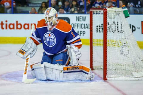 Feb 13, 2016; Edmonton, Alberta, CAN; Edmonton Oilers goalie Laurent Brossoit (1) guards his net against the Winnipeg Jets during the first period at Rexall Place. Winnipeg Jets won 2-1. Mandatory Credit: Sergei Belski-USA TODAY Sports