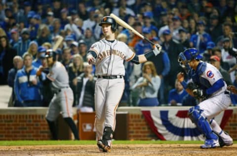 Oct 8, 2016; Chicago, IL, USA; San Francisco Giants catcher Buster Posey (28) reacts after striking out against the Chicago Cubs during the eighth inning during game two of the 2016 NLDS playoff baseball series at Wrigley Field. Mandatory Credit: Jerry Lai-USA TODAY Sports