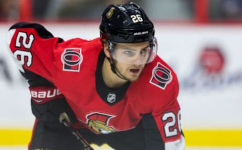 OTTAWA, ON – OCTOBER 12: Ottawa Senators Defenceman Erik Brannstrom (26) prepares for a face-off during third period National Hockey League action between the Tampa Bay Lightning and Ottawa Senators on October 12, 2019, at Canadian Tire Centre in Ottawa, ON, Canada. (Photo by Richard A. Whittaker/Icon Sportswire via Getty Images)