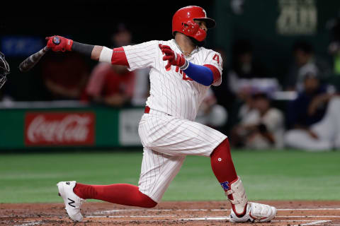 TOKYO, JAPAN – NOVEMBER 10: Infielder Carlos Santana #41 of the Philadelhia Phillies strikes outin the bottom of 1st inning during the game two of the Japan and MLB All Stars at Tokyo Dome on November 10, 2018 in Tokyo, Japan. (Photo by Kiyoshi Ota/Getty Images)