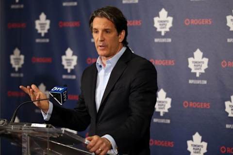 Apr 13, 2015; Toronto, Ontario, Canada; Toronto Maple Leafs president Brendan Shanahan talks to the press during a press conference at Air Canada Centre. Mandatory Credit: Tom Szczerbowski-USA TODAY Sports